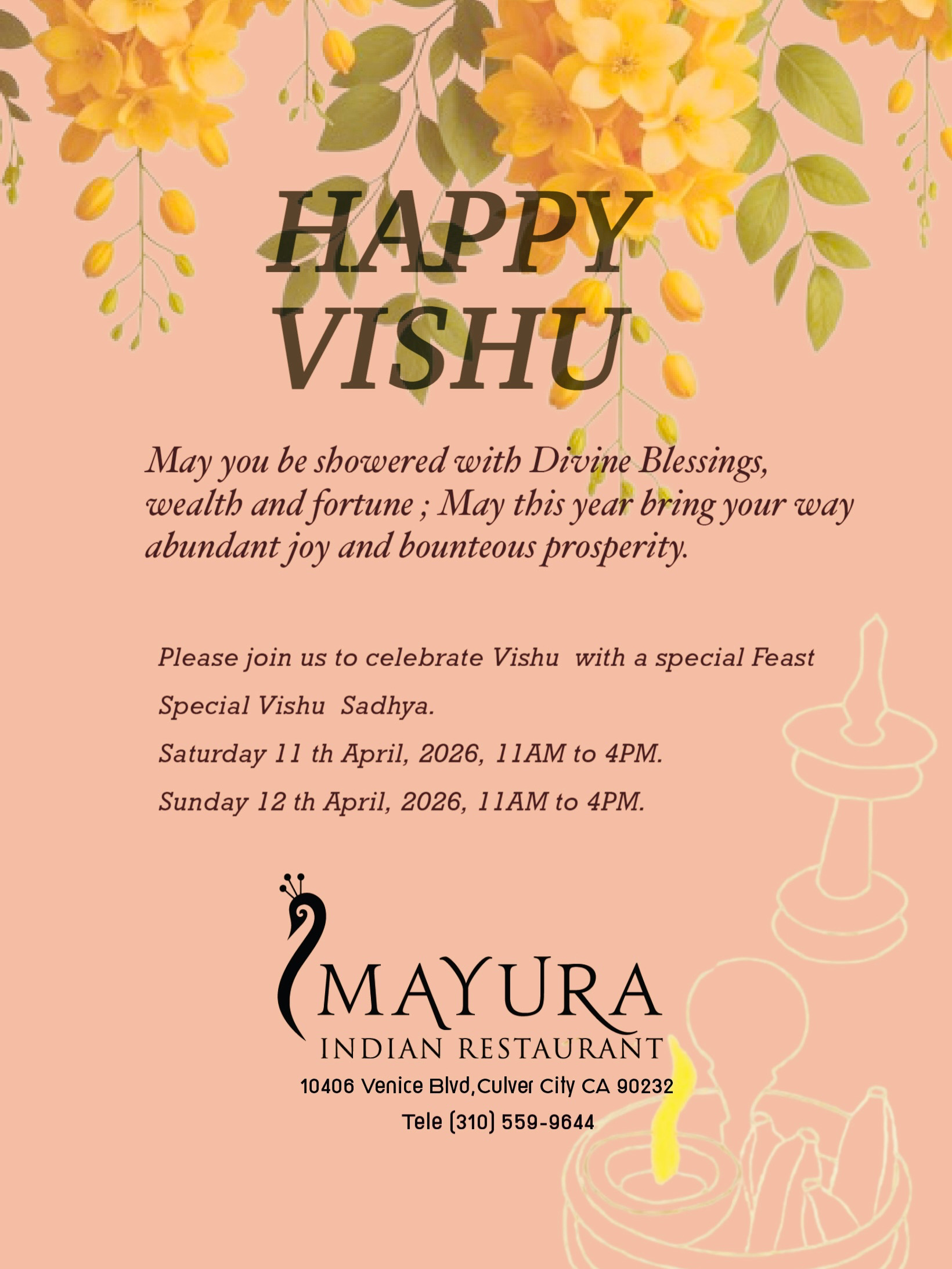 Vishu celebration feast April 11 and 12, 2026 between 11am and 4pm
